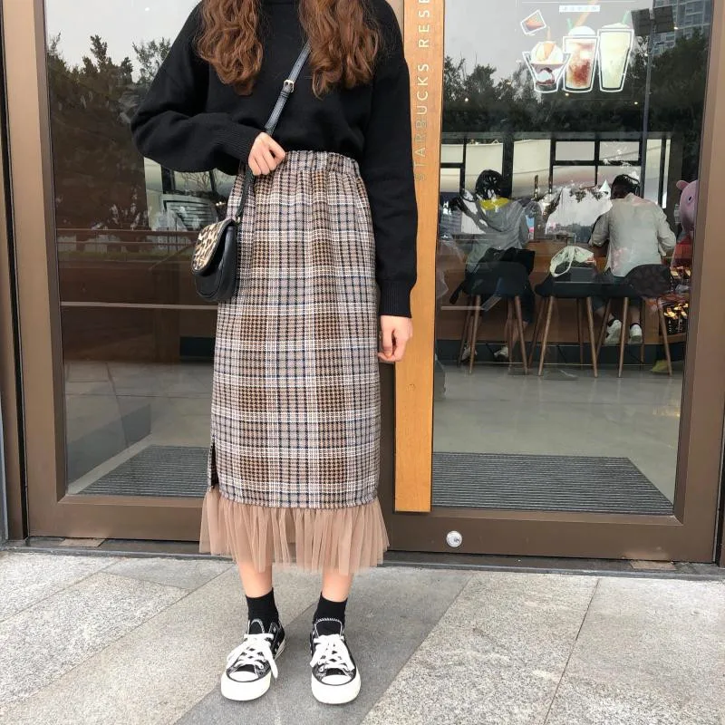 Осень-зима женские юбки Harajuku модные сетчатые строчки с эластичной резинкой на талии шерстяные юбки для девочек ретро клетчатые миди юбки низ