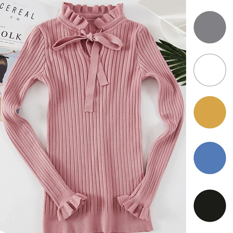 Casual Slim Sweater Women 2018 Autumn Spring Knitted Lace Up Flare Long Sleeve Ruffle Knitting Pullover Womens Sweaters | Женская одежда