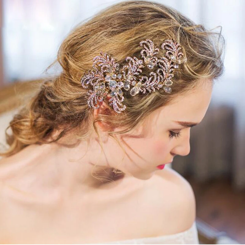 

Luxury Rose bridal headpiece Romantic Wedding Hair Accessories Crystal Bridal Hair Combs Handmade Prom Headdress Hair Clips