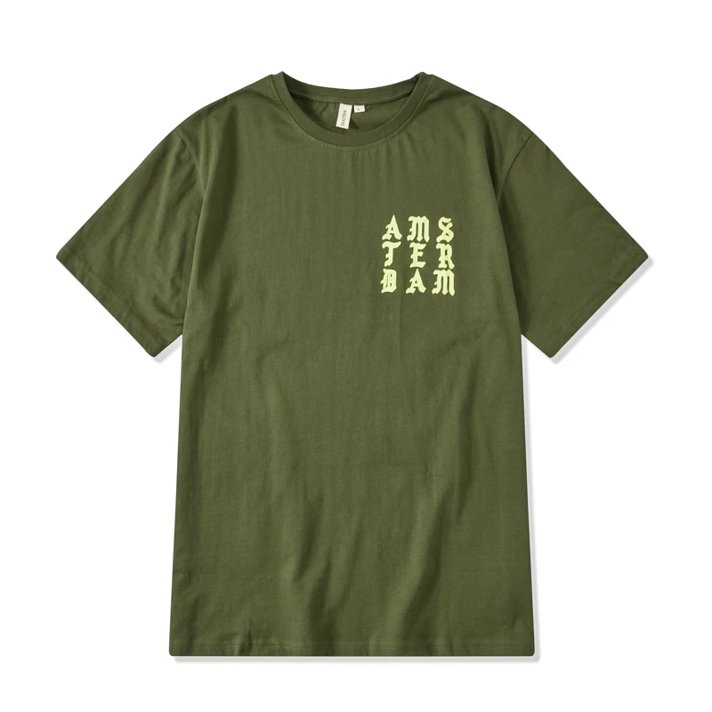 army green QoolXCWear Kanye West Concert, Нью-Йорк, Лондон, Лос-Анжелес, Черная/армейская/зеленая/фиолетовая/оранжевая хлопковая футболка - Цвет: army green