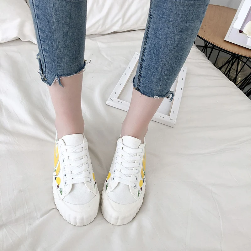 Удобная парусиновая обувь на шнуровке с принтом лимона Chaussures Femme Очаровательная