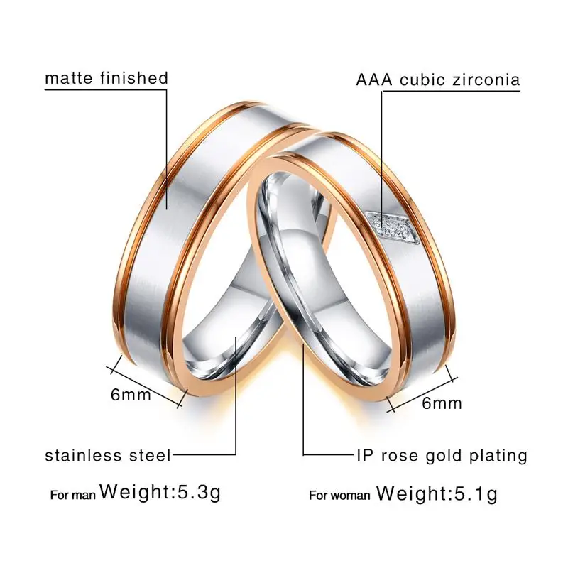 Vnox Простое розовое золото-свадебный края Кольца группа для Для женщин мужчин CZ