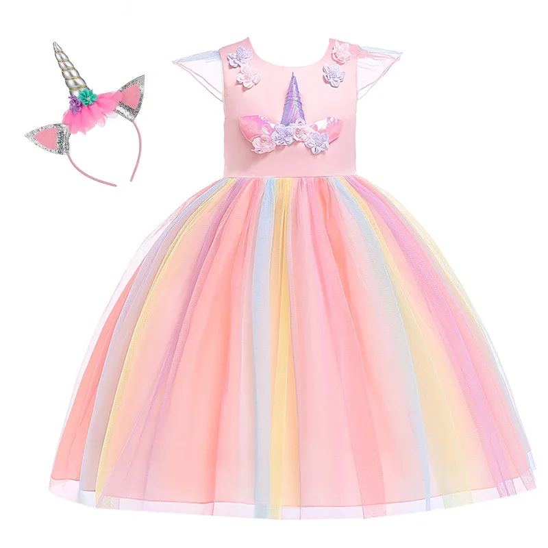 Pink Dress Miter Ainclu/платье с единорогом для девочек; Детские вечерние радужные платья-пачки с рукавами-крылышками для танцев; карнавальный костюм из тюля на Рождество для девочек - Цвет: Pink Dress Miter