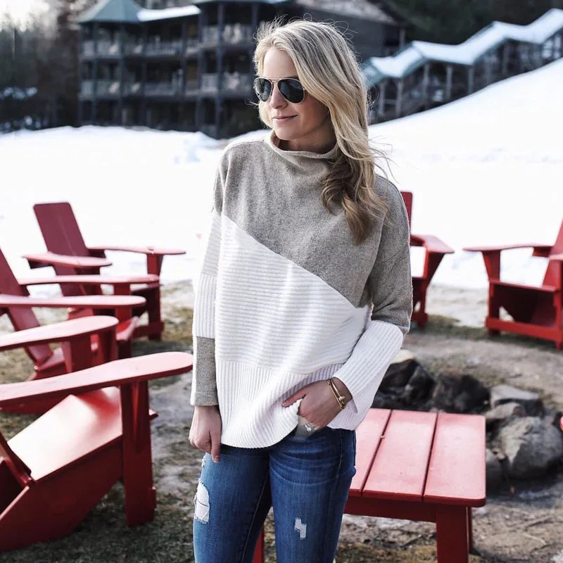 Fashion Sweaters for Women 2018 Autumn Winter Patchwork Sweater and Pullover Turtleneck Long Sleeve Ladies Tops | Женская одежда