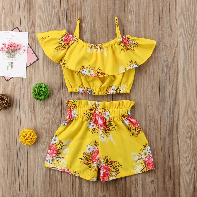 Emmababy Summer Cute Kids 2pcs Clothes Toddler Baby Girl Floral Ruffled Off shoulder Top Vest+Shorts Outfits Set | Детская одежда и