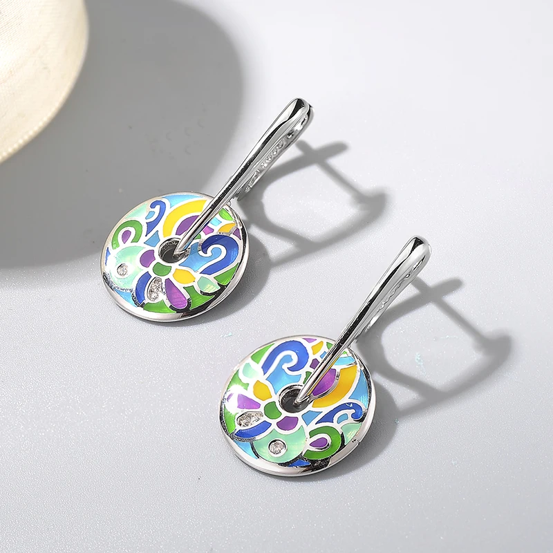 2018 Fashion gift 925 Sterling Silver round shape sparkling CZ Colourful Enamel fine Dangle Earrings Party Jewelry | Украшения и