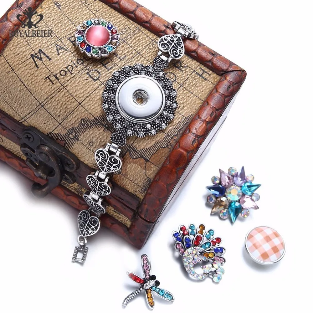 

RoyalBeier Vintage Love Heart Snap Buttons Cuff Bracelets & Bangles 5pcs/Lot Fit 18mm Snaps For DIY Charm Women Jewelry Pulseras