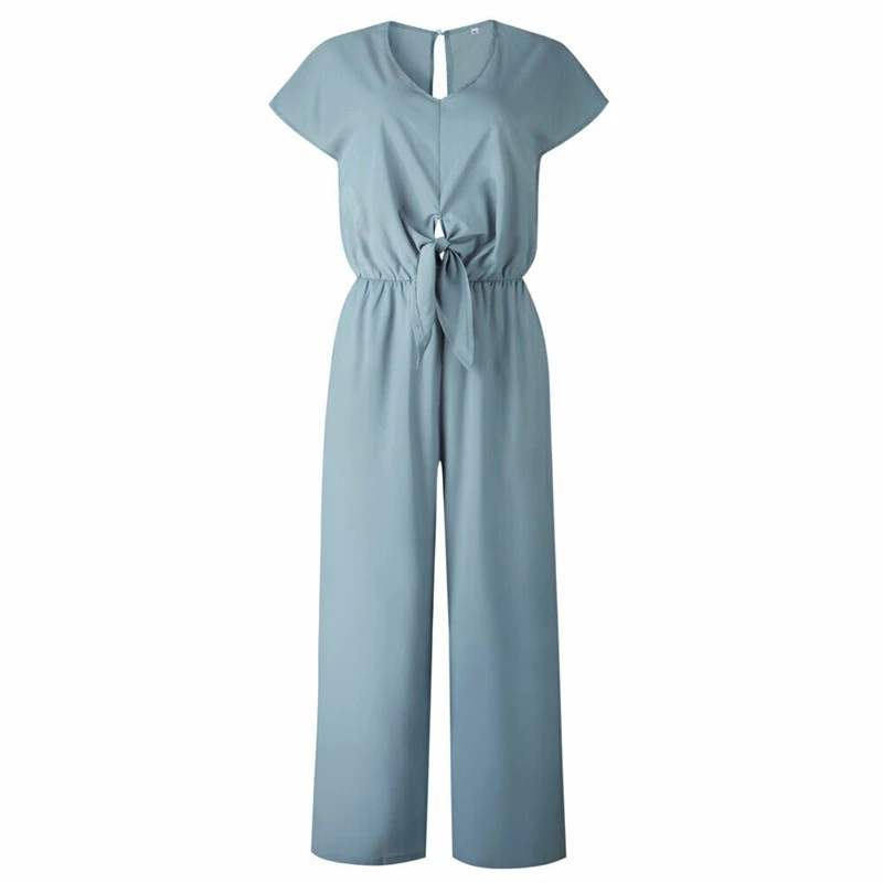 

Women V Neck Simple Backless Jumpsuit Baggy Vintage Wide Leg Pant Overall Flare Long Trouser Summer Outfits Rompers Clothes 2019