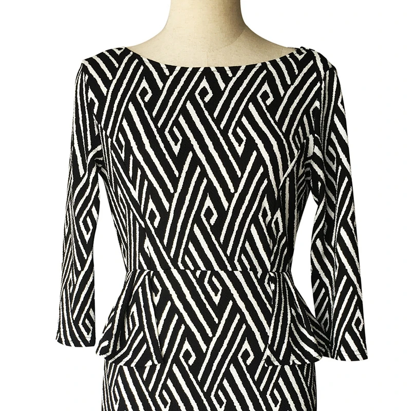 Barsei Новые Женщины Урожай Ретро Черный Белый Полный Рукав OL Dress Геометрические