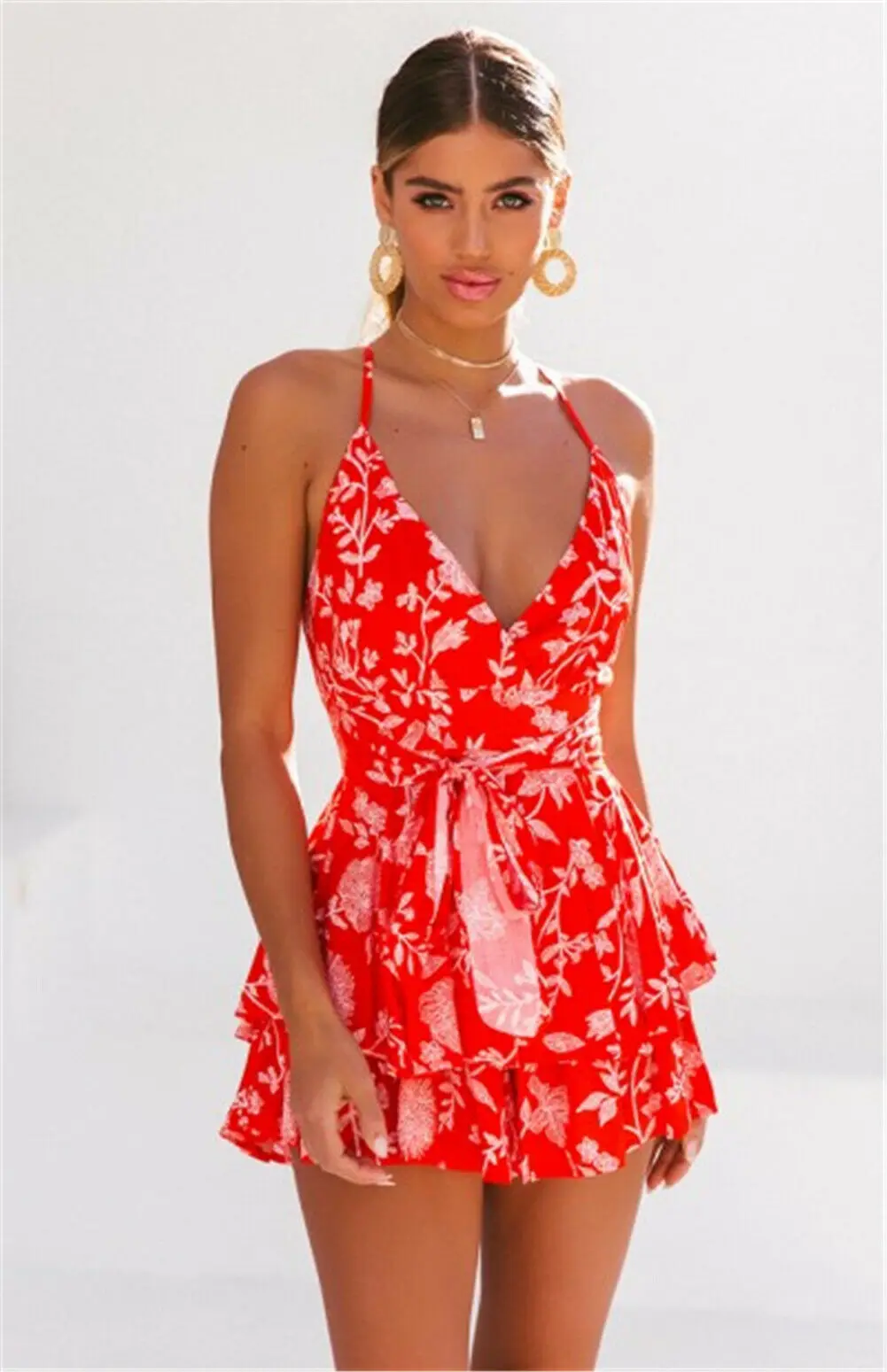 Женский летний плиссированный мини-сарафан Boho с открытой спиной и цветочным