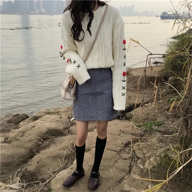 Alien Kitty ленивый стиль весна-осень с вышивкой Теплый Стильный вязаный свежий