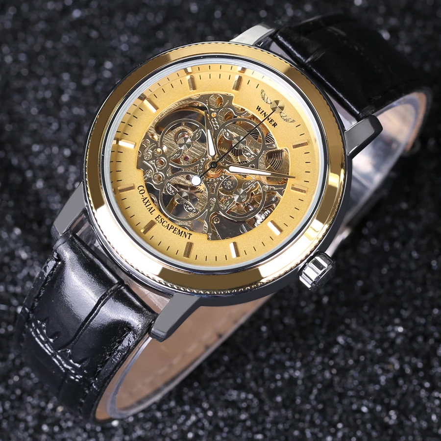 Часы наручные Winner Мужские механические дизайнерские аналоговые золотистые с