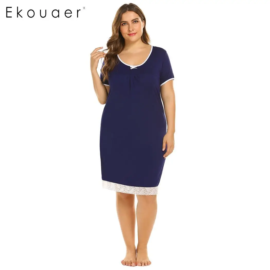 Blue Ekouaer женское платье для сна большого размера, ночная сорочка, ночная рубашка с коротким рукавом, кружевная отделка, круглый вырез, ночная рубашка, ночная рубашка, XL-5XL - Цвет: Blue