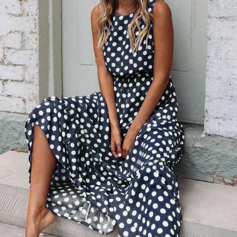 Женское длинное платье-туника в горошек богемное пляжное вечернее платье с