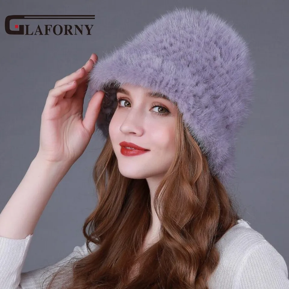 Glaforny 2017 натуральная вязаная норковая меховая Панама с цветком зимняя женская