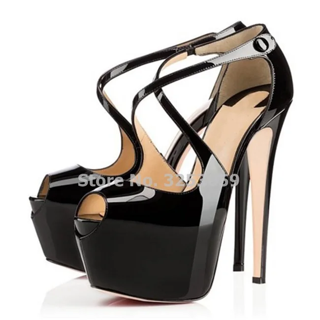 black patent leather ALMUDENA/телесные черные красные туфли-лодочки из лакированной кожи на высоком каблуке 16 см модельные туфли на платформе с перекрестными ремешками и пуговицами свадебные туфли на шпильках - Цвет: black patent leather