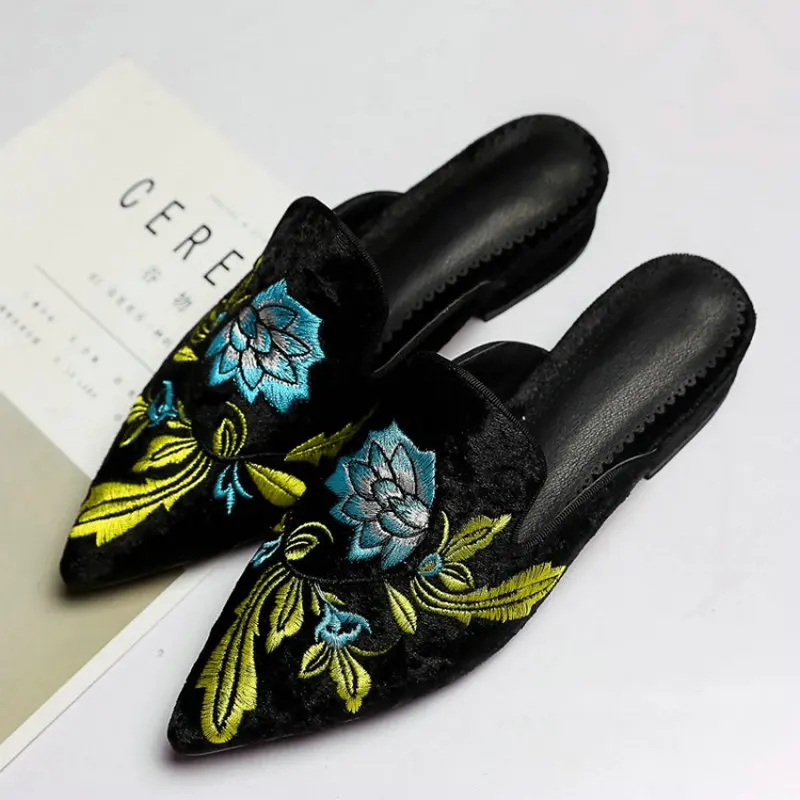 Женские шлепанцы с острым носком fanyuan зеленые красные восточные вышивкой женские