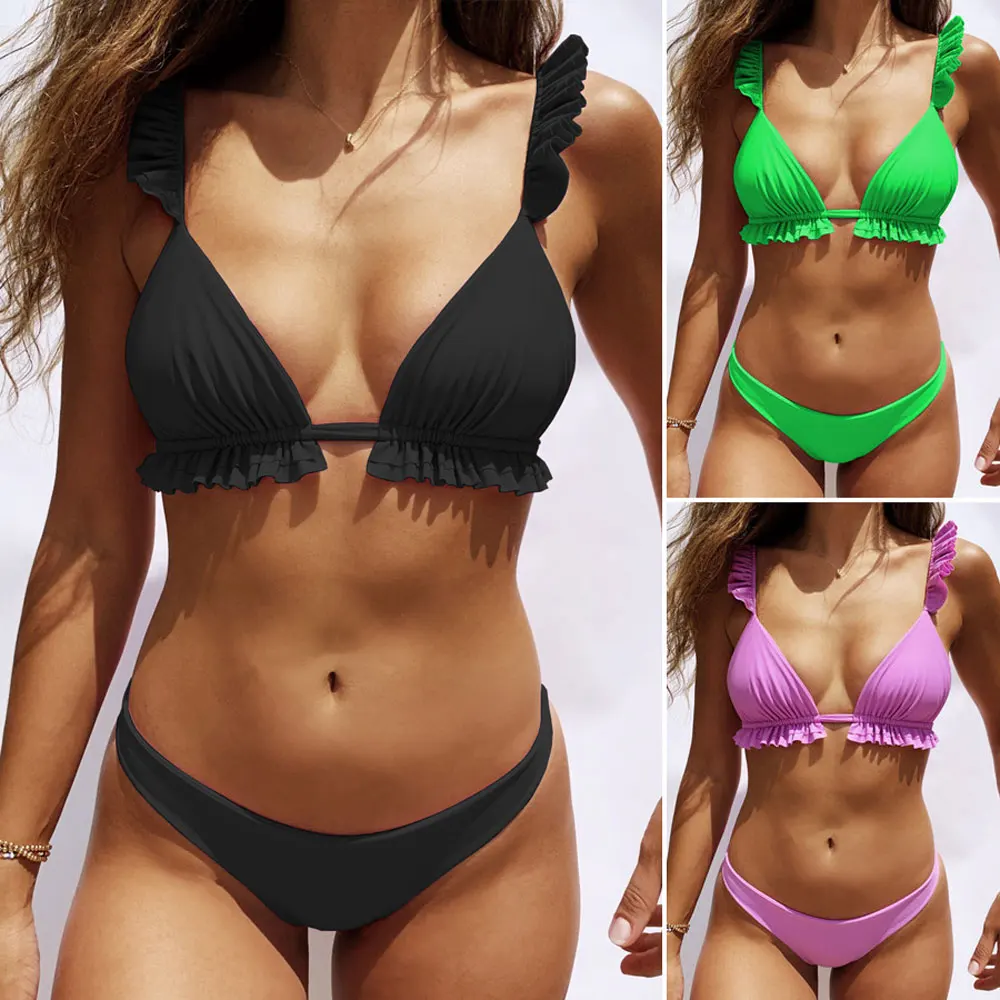 

Sexy Push Up Swimwear Solid Ruffle Swimsuit Women Bikini Set Striped Bottom Bikinis 2019 Mujer Beach Wear Retro Biquini S-XL