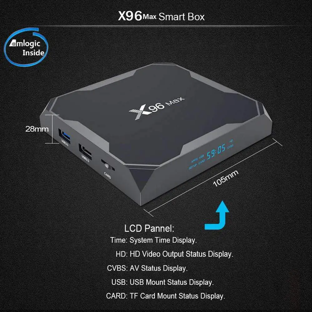 ТВ приставка X96 Max на Android 8 1 четырехъядерный процессор Amlogic S905X2 LPDDR4 4 Гб 64 2 ГГц и 5 Wifi