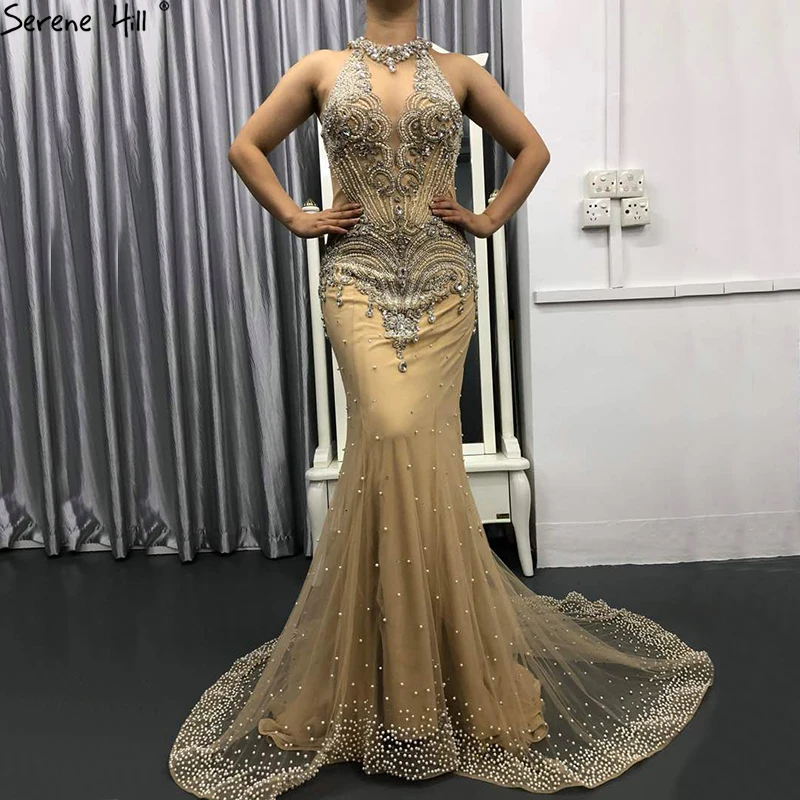 Dubai High Neck Beads Mermaid Evening Dresses New Fashion Champagne Formal Dress Party Vestido De Festa Serene Hill BLA6558