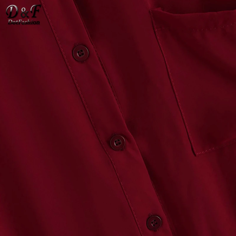 Dotfashion Однотонная рубашка размера плюс бордового цвета с рюшами на подоле, Женская мода размера плюс, повседневные женские топы, осенняя блузка с длинным рукавом