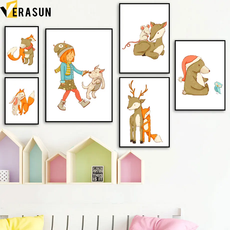 

Fox Bear Deer Rabbit Dog Mouse Girl Wall Art Canvas Painting Nordic Posters And Prints Wall Pictures Baby Kids store Room Decor