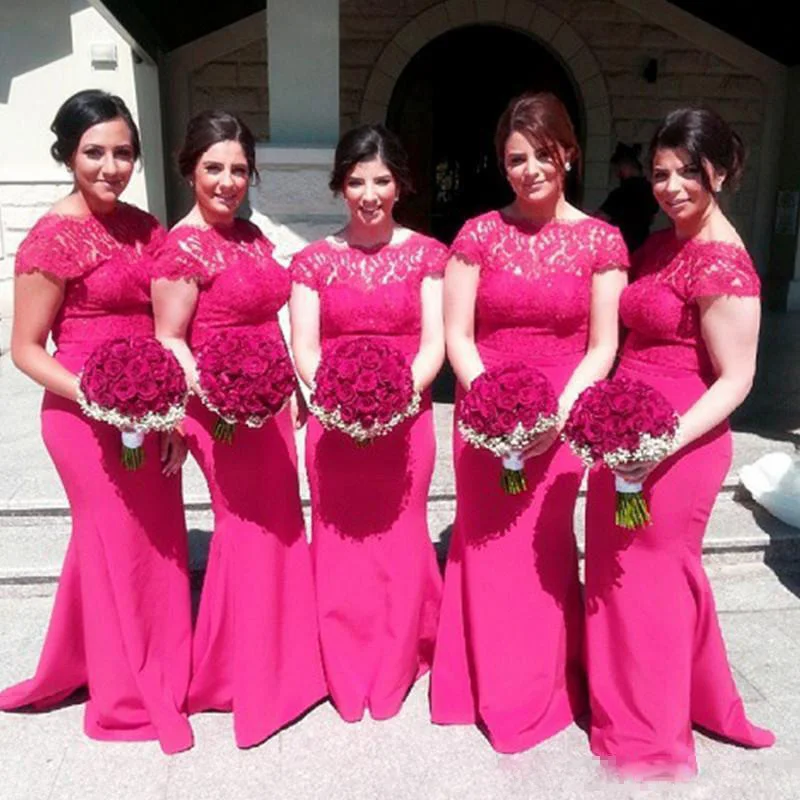 

Fuchsia Mermaid Long Bridesmaid Dresses Short Sleeve Lace Appliques Sweep Train Plus Size Maid of Honor Gown Satin Party Wear