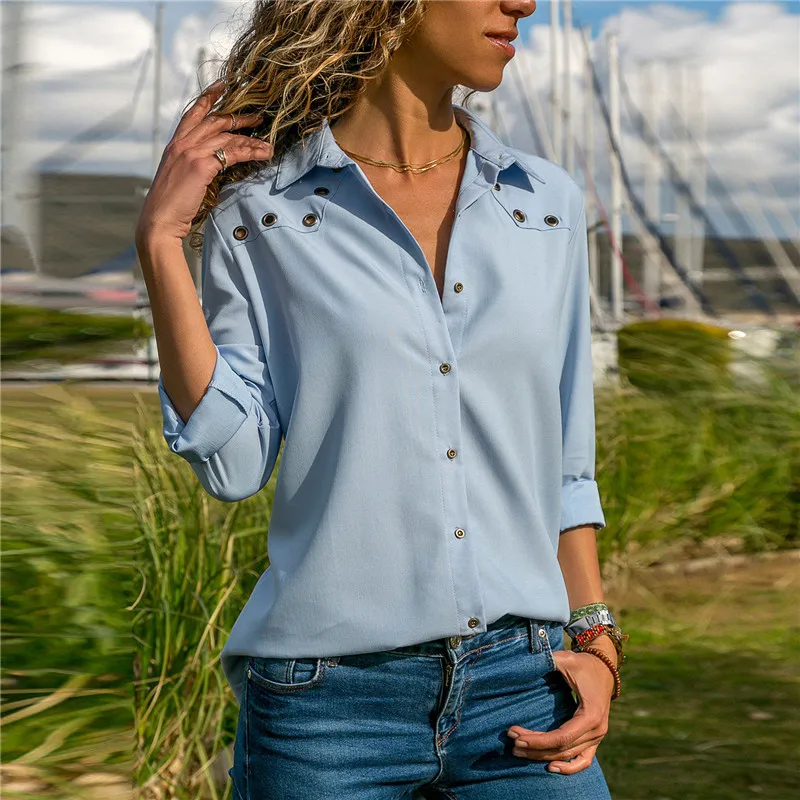 Fashion Autumn Pure color V collar Eye buttonhole Long sleeves Chiffon shirt Women Top Female Blouse Shirt