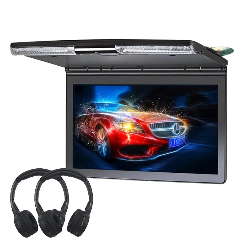 with 2 headphones 17.3 Inch Car Ceiling Monitor 1920x1080 MP5 Flip Down Roof Mount Car DVD Player with IR FM Transmitter HDMI USB SD Speaker Games - Цвет: with 2 headphones