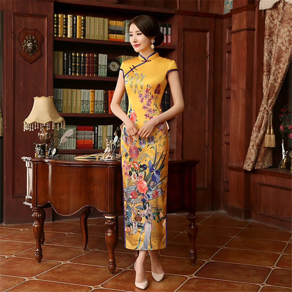 2018 китайское свадебное платье с длинным рукавом Cheongsam желтого цвета традиционное
