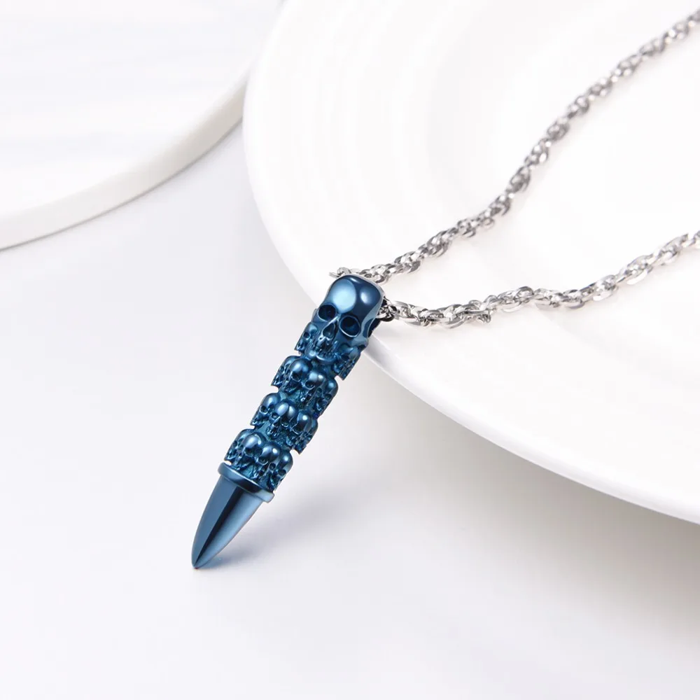

U7 Bullet Skull Necklace for Men Punk Rock Biker Stainless Steel Jewelry Choker Accessories with 55cm Water-wave Chain P1121