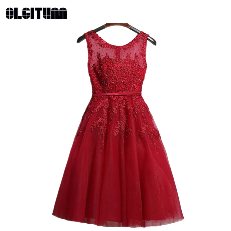 

Fashion Party Bride Prom Formal Dress Soiree Pink Lace Short Dresses Embroidery With Beaded Perspective Backless DR342