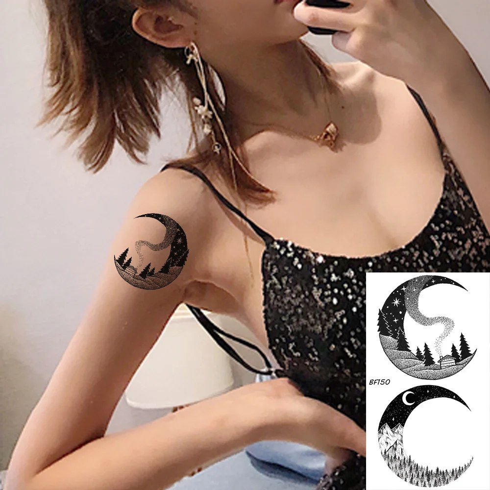 

VANKIRS Black Valley Moon Temporary Tattoo Women Body Arm Chest Tattoo Sticker Men Fashion Ankle Comping Fake Tatoos Pine Tree