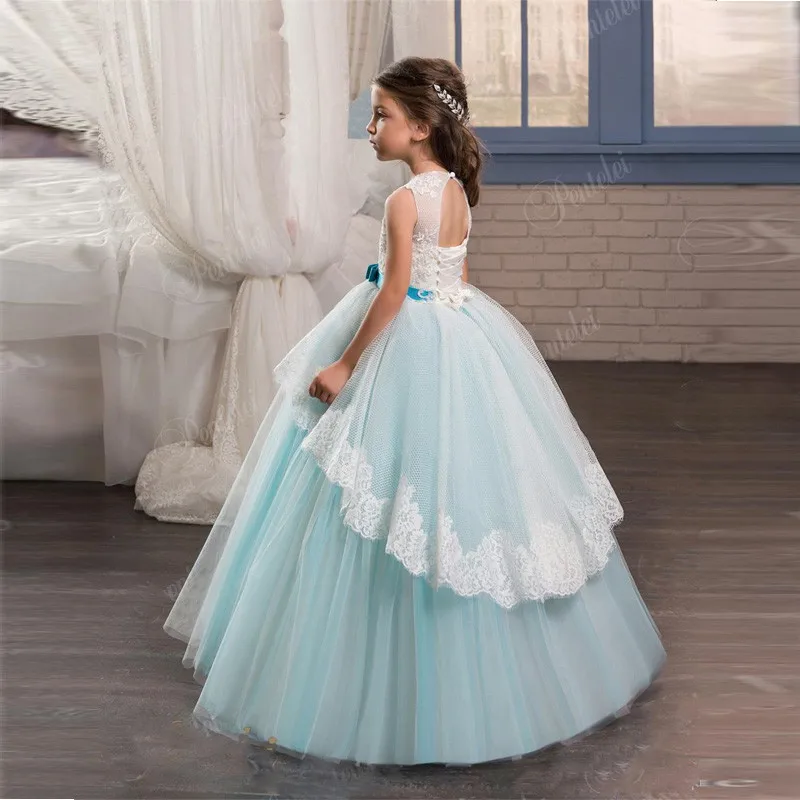 

Flower Girl Dresses O-neck Sheer Back Ball Gown Lace Appliques Sleeveless Girls Holy First Communion Gowns Vestidos Longo