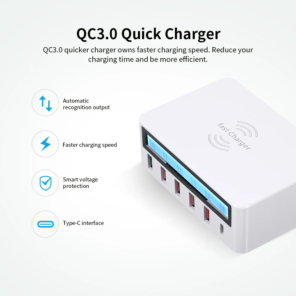 

LCD 6 Ports USB Charging Dock Wireless Charger of Universal Compatibility Charging Station for Family and Office Use