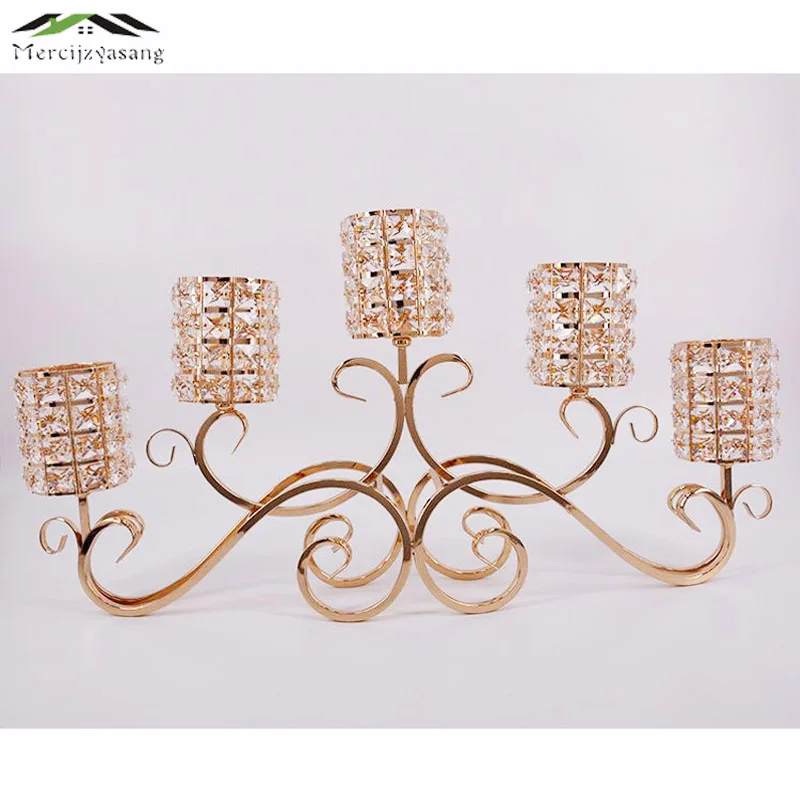 

Candle Holders 5-Arms Candlestick With Crystals 70CM Candelabra Metal Gold Stand Pillar For Wedding Portavelas 10PCS/LOT 01702