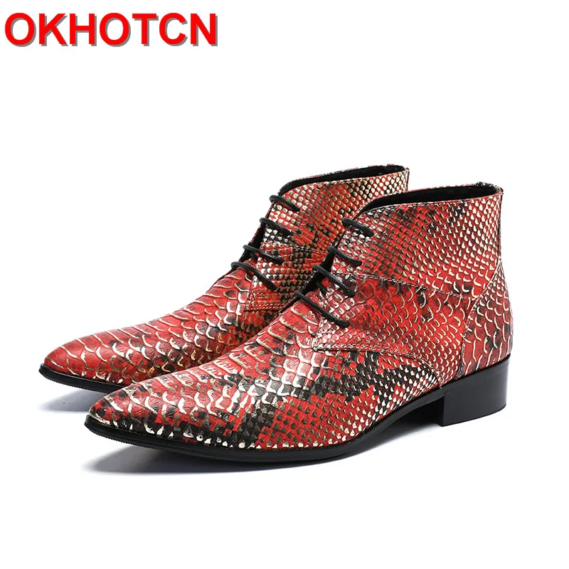 Spring Autumn Mens Boots Casual Genuine Leather Men Lace Up Pointed Toe Worker Shoes Bling Red Blue Snakeskin Pattern Boot | Обувь