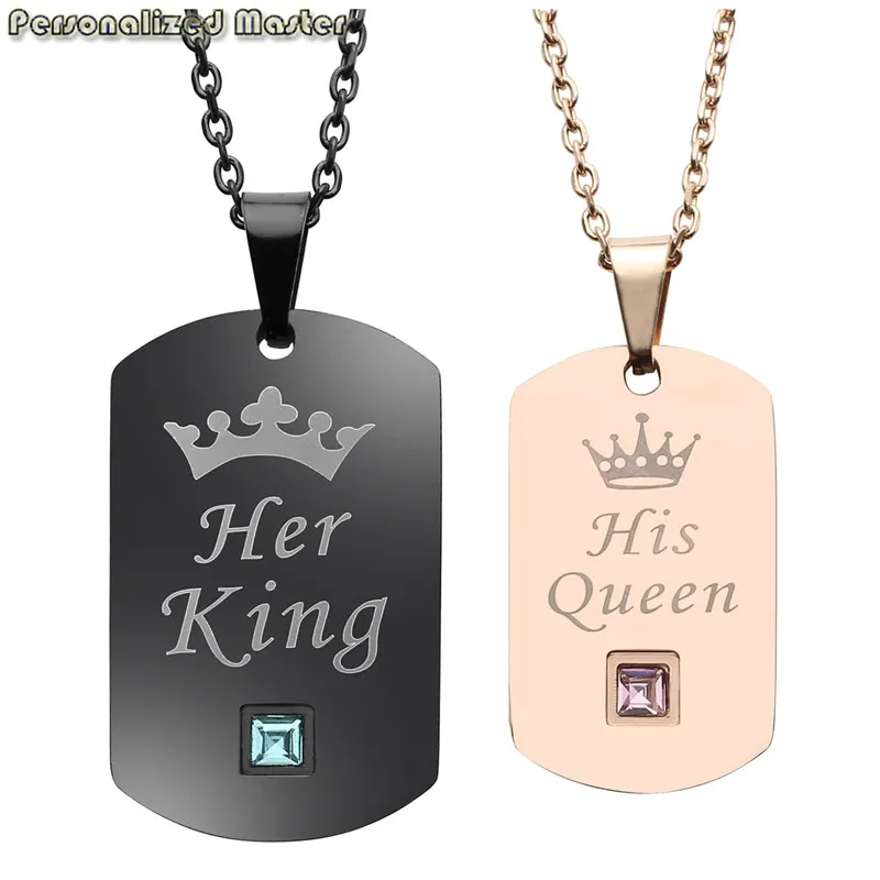 

Personalized Master Free Engraved Pendants Stainless Steel "Her King His Queen" Dog Tag Pendant Necklace Couple Birthday Gift