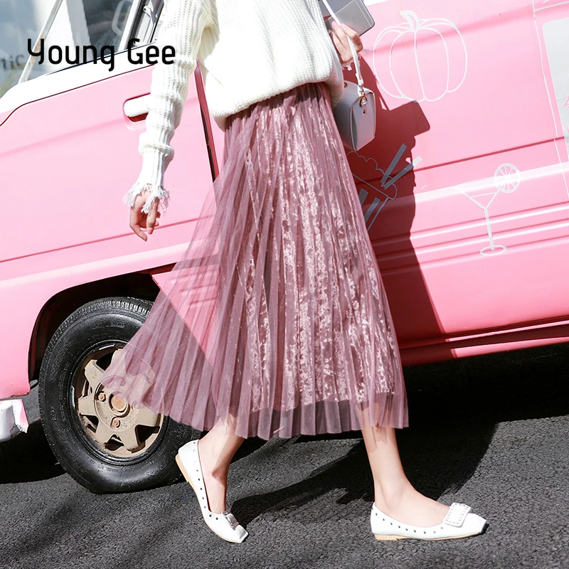

Young Gee Fashion Autumn Spring Women High Waist Pleated Skirts Elegant Pink Saia Midi Mesh Velvet Midi Skirt Streetwear faldas