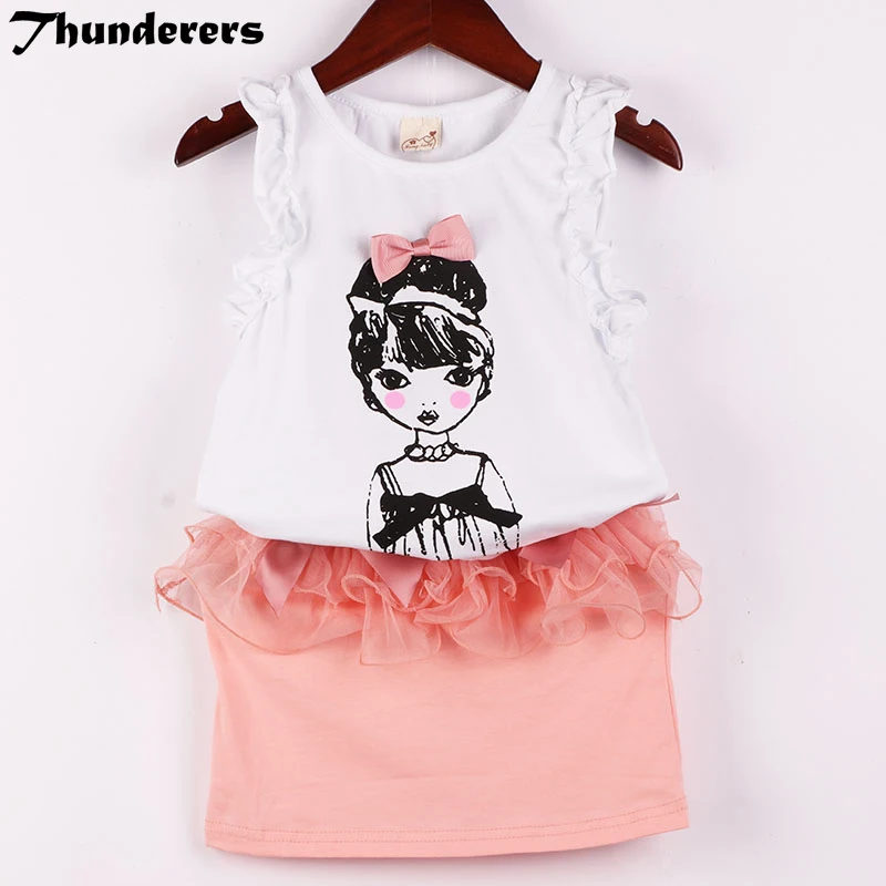 2018 new children's suit spring and autumn white girl print pattern strapless camisole + pink fashion skirt kids clothes | Детская