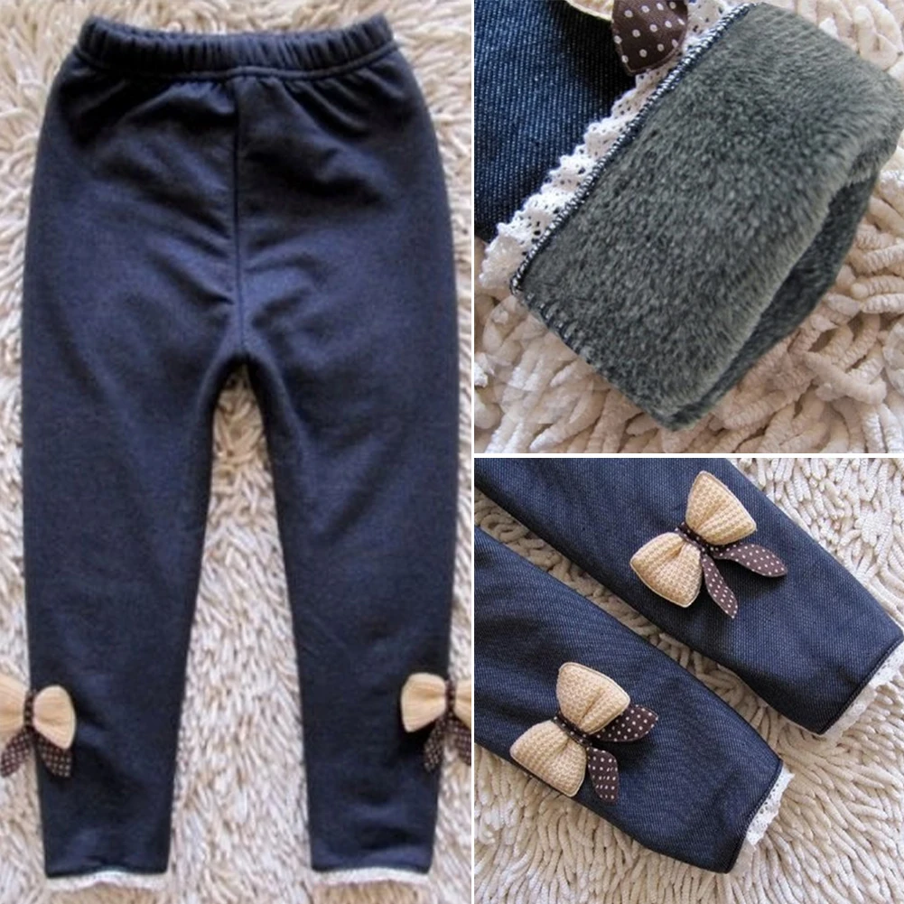 Новинка джинсы с бантом для девочек Детские хлопковые кашемировые брюки теплые