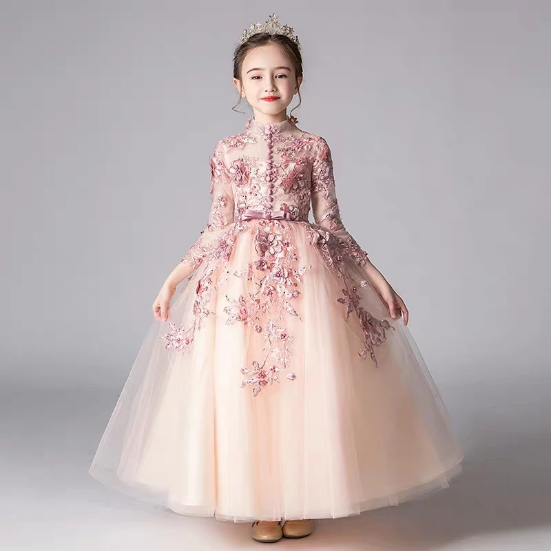 

Spring Luxury New Appliques Handmade Flowers Girls Children Wedding Birthday Party Tulle Dress Kid Teens Host Tutu Dress Clothes