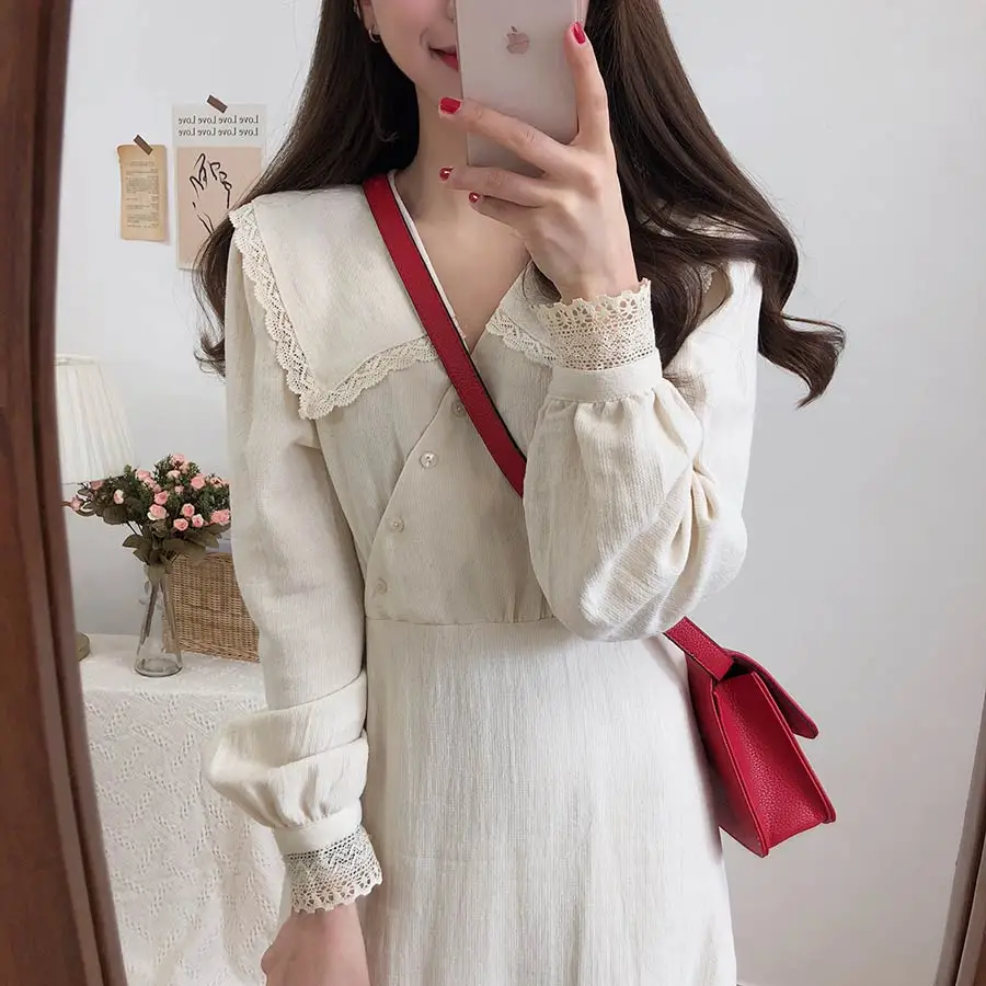 Коллекция года, Новое поступление, S-XL-весеннее кружевное платье для девочек, повседневное, бохо, OL, повседневное, синее, с длинным рукавом, женские платья, женское платье, брекеты, robe Femme Vestido