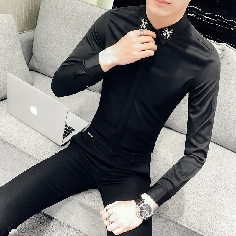 Модная рубашка с принтом мужская длинным рукавом Camisa Masculina приталенное платье 2019
