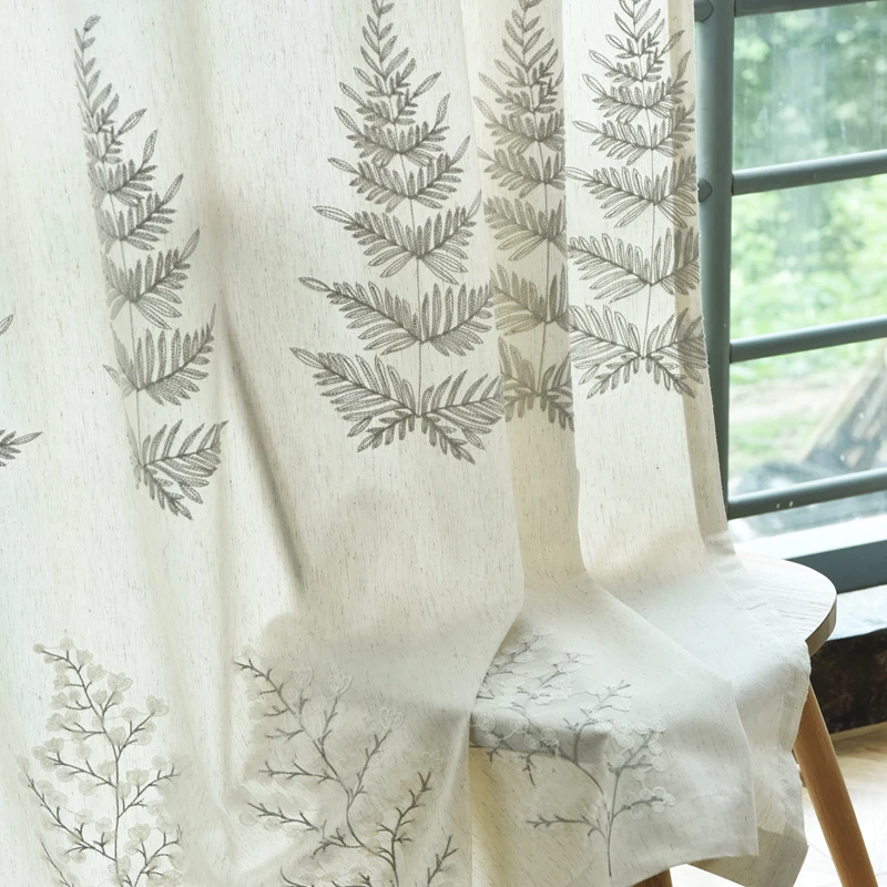 Pine leaves embroidered Simple Window Linen Curtains for Bedroom Living Room Sheer Voile Drapes Custom Made | Дом и сад