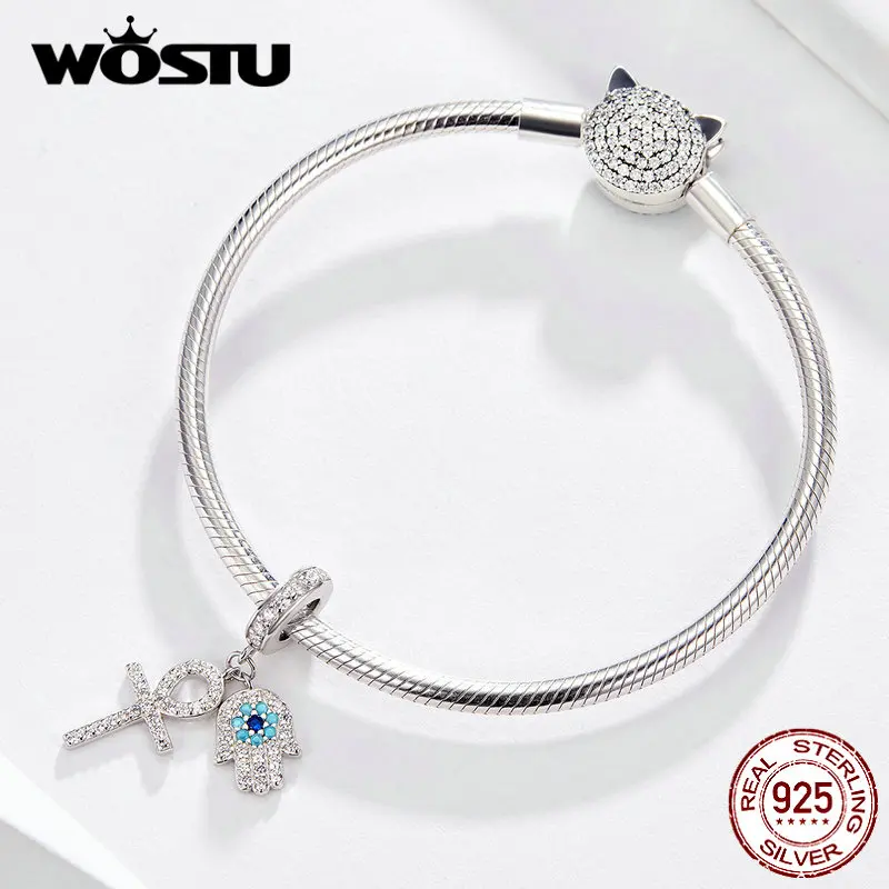 WOSTU оригинальные Висячие Подвески в виде руки Лаки хамсы, 925 пробы, серебро, CZ, эмалированные бусины, подходят для самостоятельного изготовления браслетов, ювелирных изделий FNC084