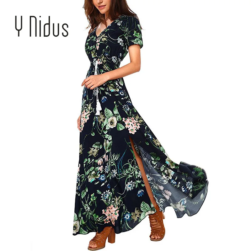 navy short sleeve Y Nidus женские платья, летнее платье,, макси, на пуговицах, с разрезом, цветочный принт, струящийся, v-образный вырез, пляжные, вечерние платья, vestidos - Цвет: navy short sleeve