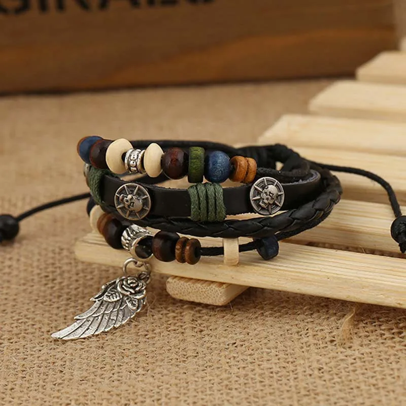 Retro Punk Fashion Style Charm Leather Bracelets Leaf Pendant Beaded Strands Gift For Man Women Family Present Hot Sale | Украшения и