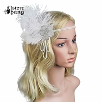 1920s womens white feather flapper headband pearl tassles roaring 20s great gatsby headpiece with beaded flower party accessory