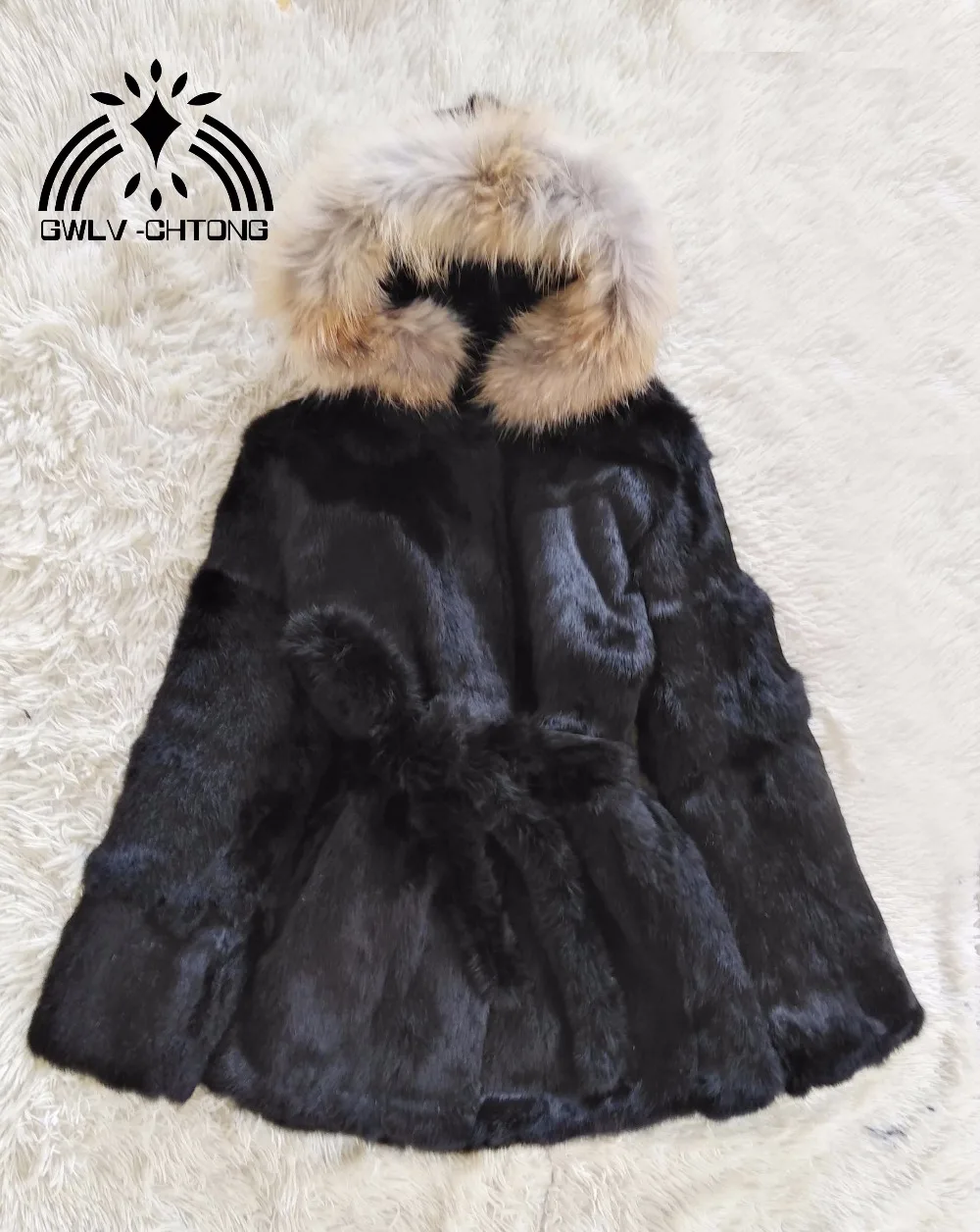 Женская куртка из 100% натурального кроличьего меха с капюшоном енота | одежда